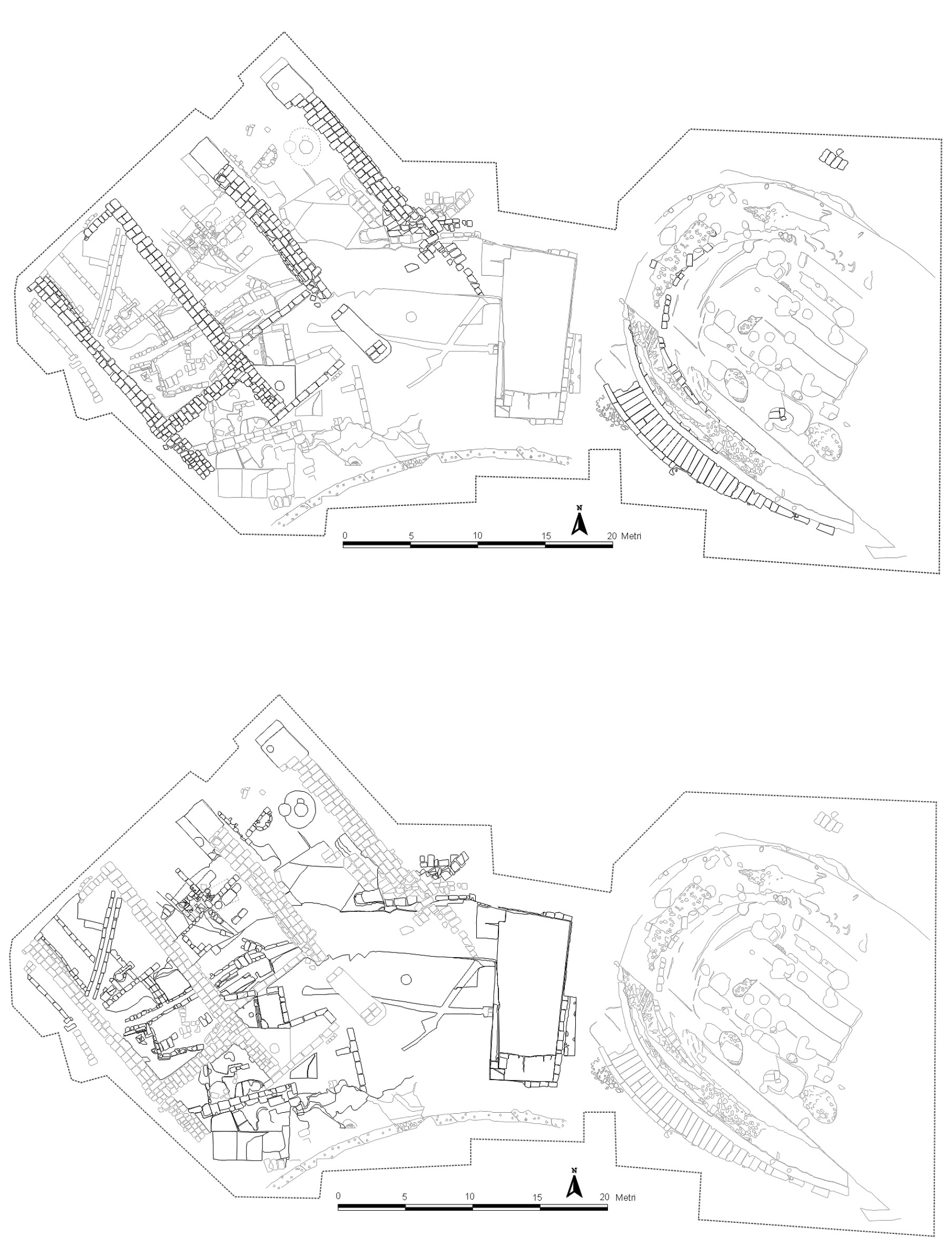 Figg. 3-4 – Scavo della Vigna Parrocchiale. A. Fase arcaica; B. Fase monumentale.