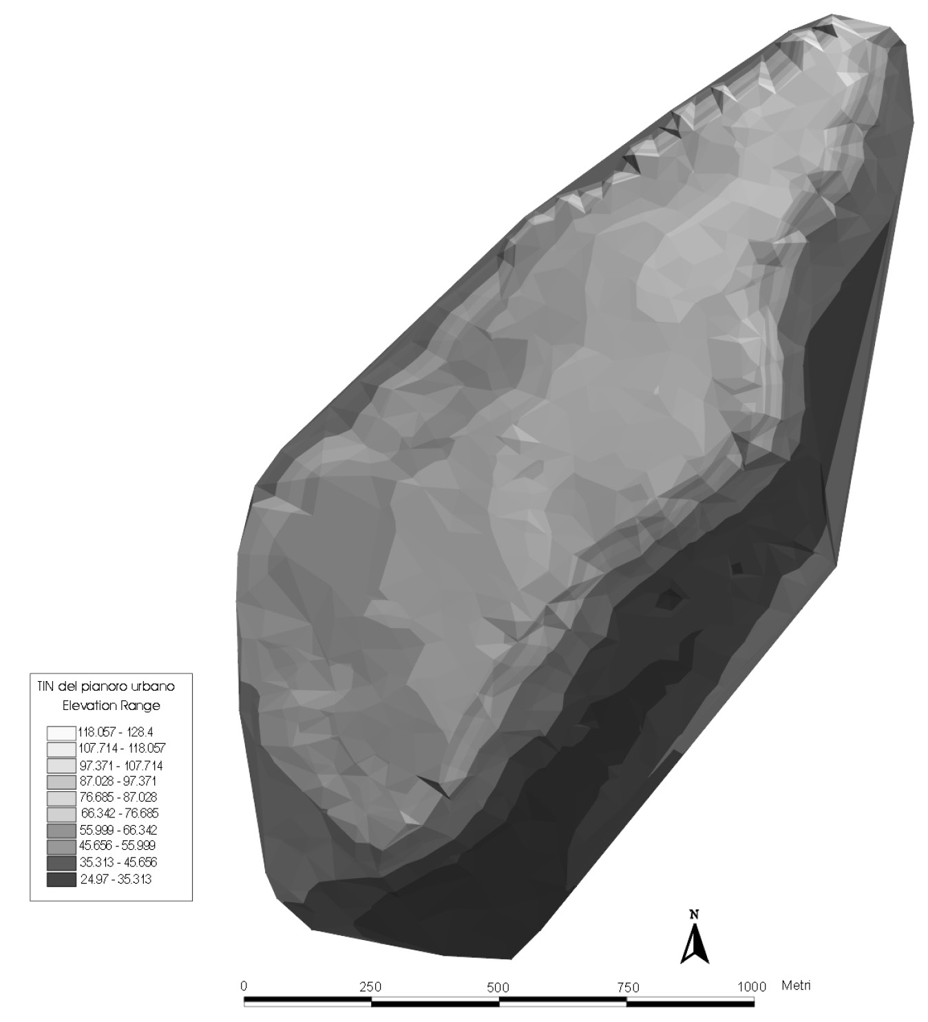 Fig. 5 – Modello del terreno (TIN) dell’area del pianoro urbano.