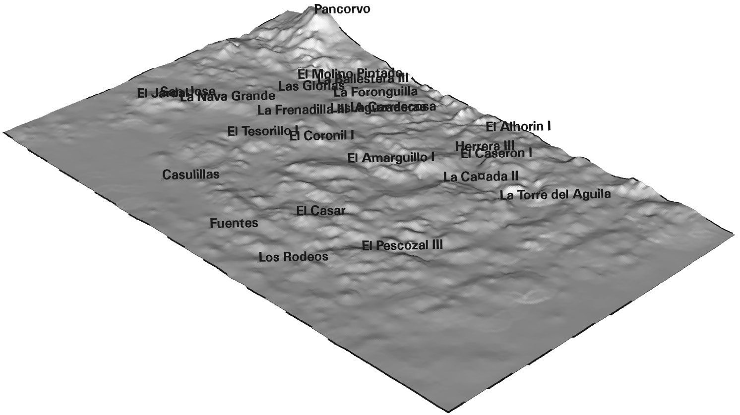 Fig. 4 – Modelado Digital del Terreno con ubicación de los yacimientos de la zona.