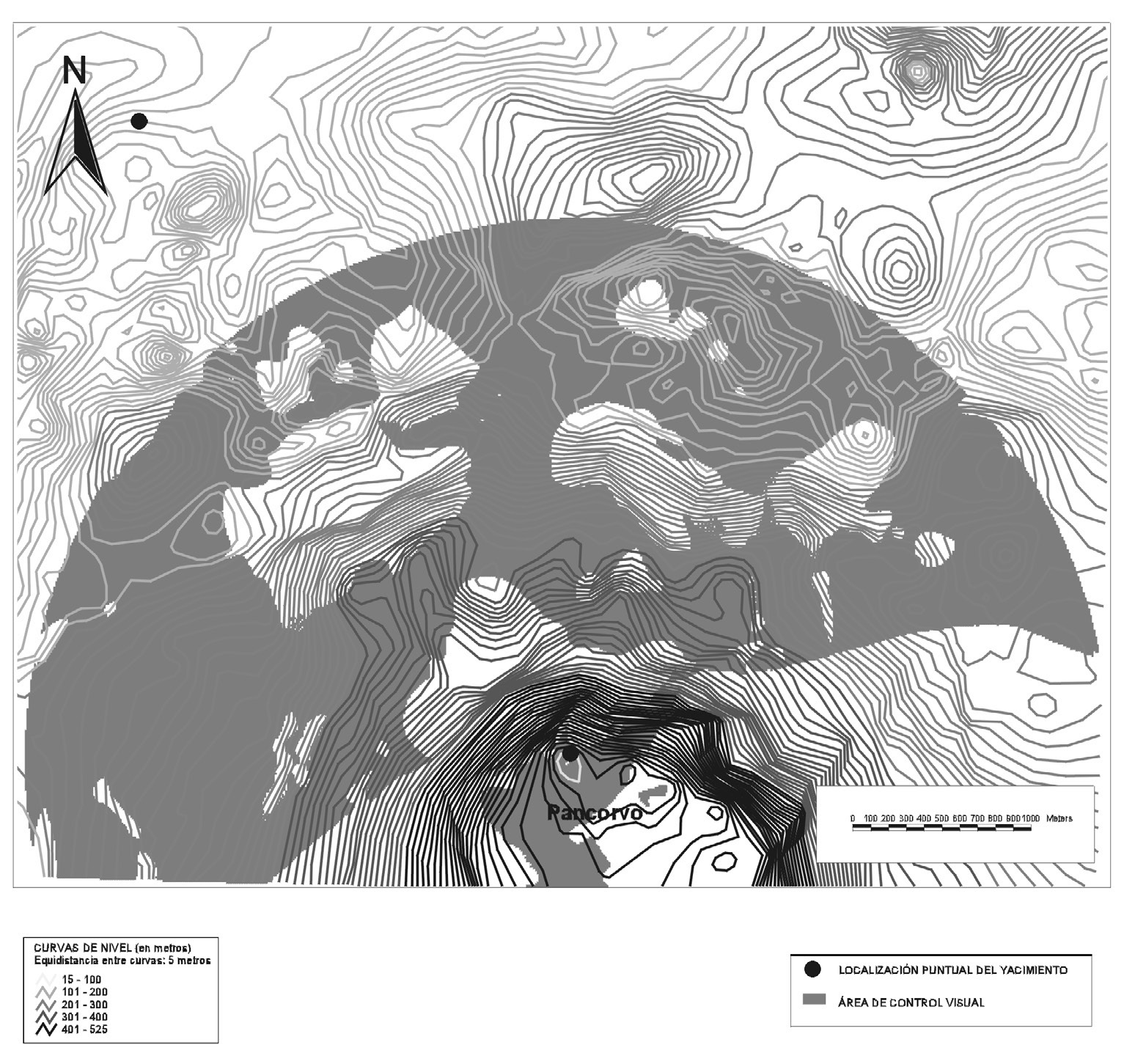 Fig. 5 – Estudio de la visibilidad del yacimiento de Pancorvo a partir de la curva de nivel sobre la que se encuentra (en gris más claro).