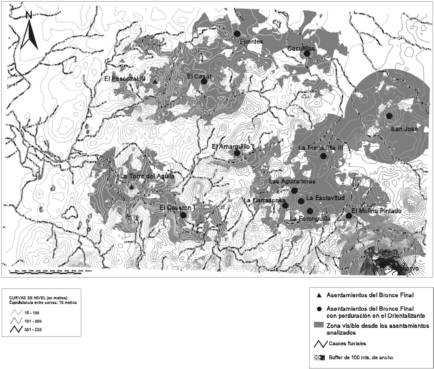 Fig. 7 – Visibilidad desde los asentamientos del Bronce Final.