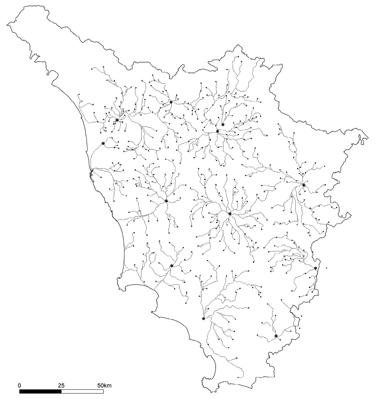 Fig. 4 – Ipotesi basata sul modello di distorsione relativa ai collegamenti ottimali tra pievi e città.