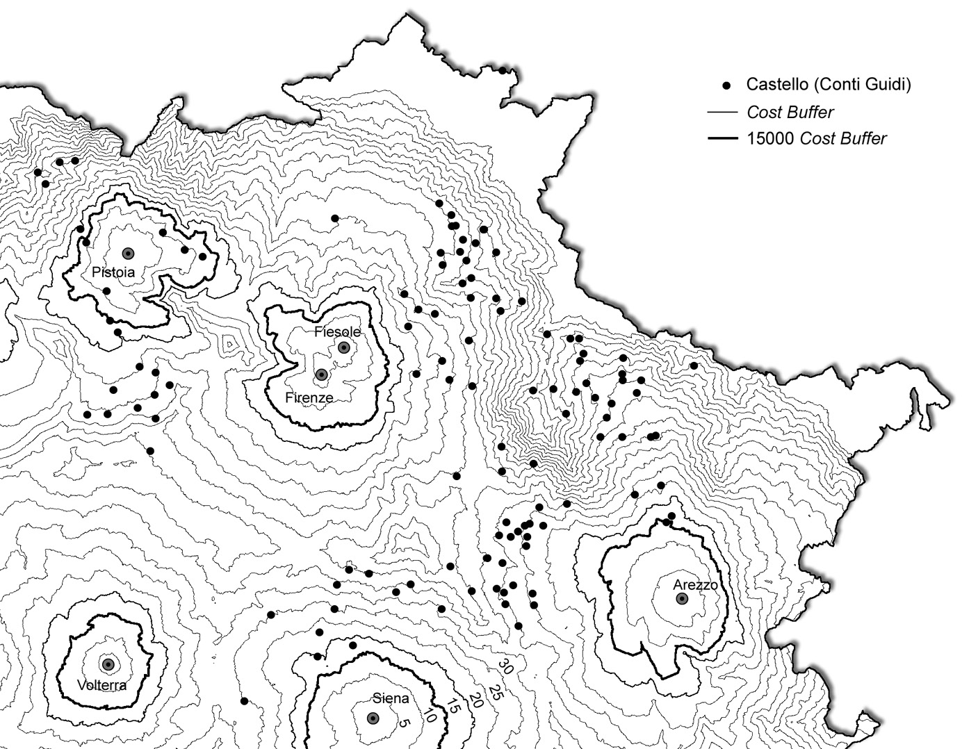 Fig. 7 – Distribuzione delle proprietà dei conti Guidi in relazione alle fasce del modello.