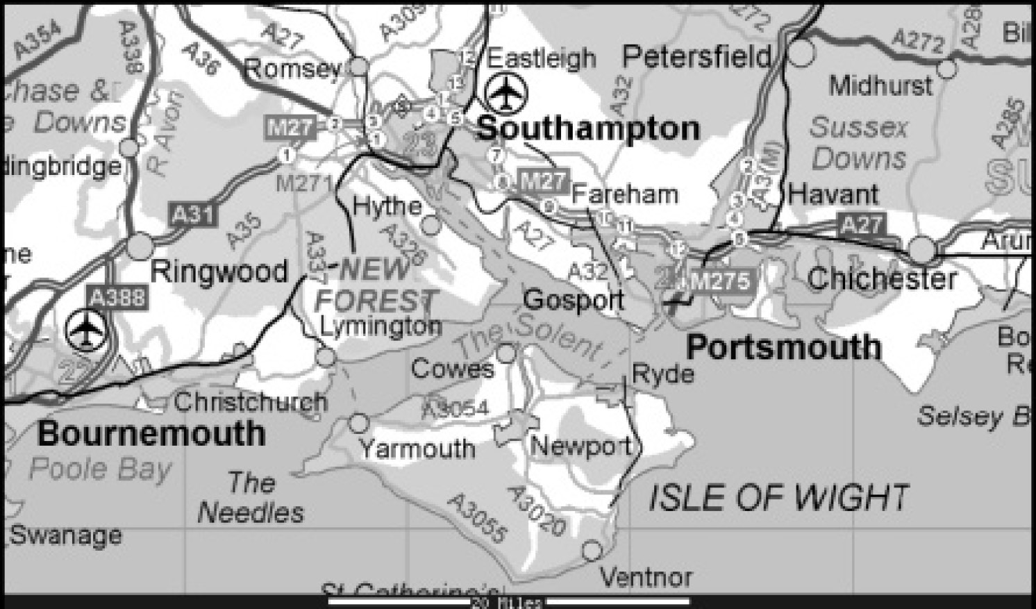 Fig. 2 – Detailed location of the Isle of Wight, United Kingdom (Map courtesy of Ordinance Survey; 1:500.000).