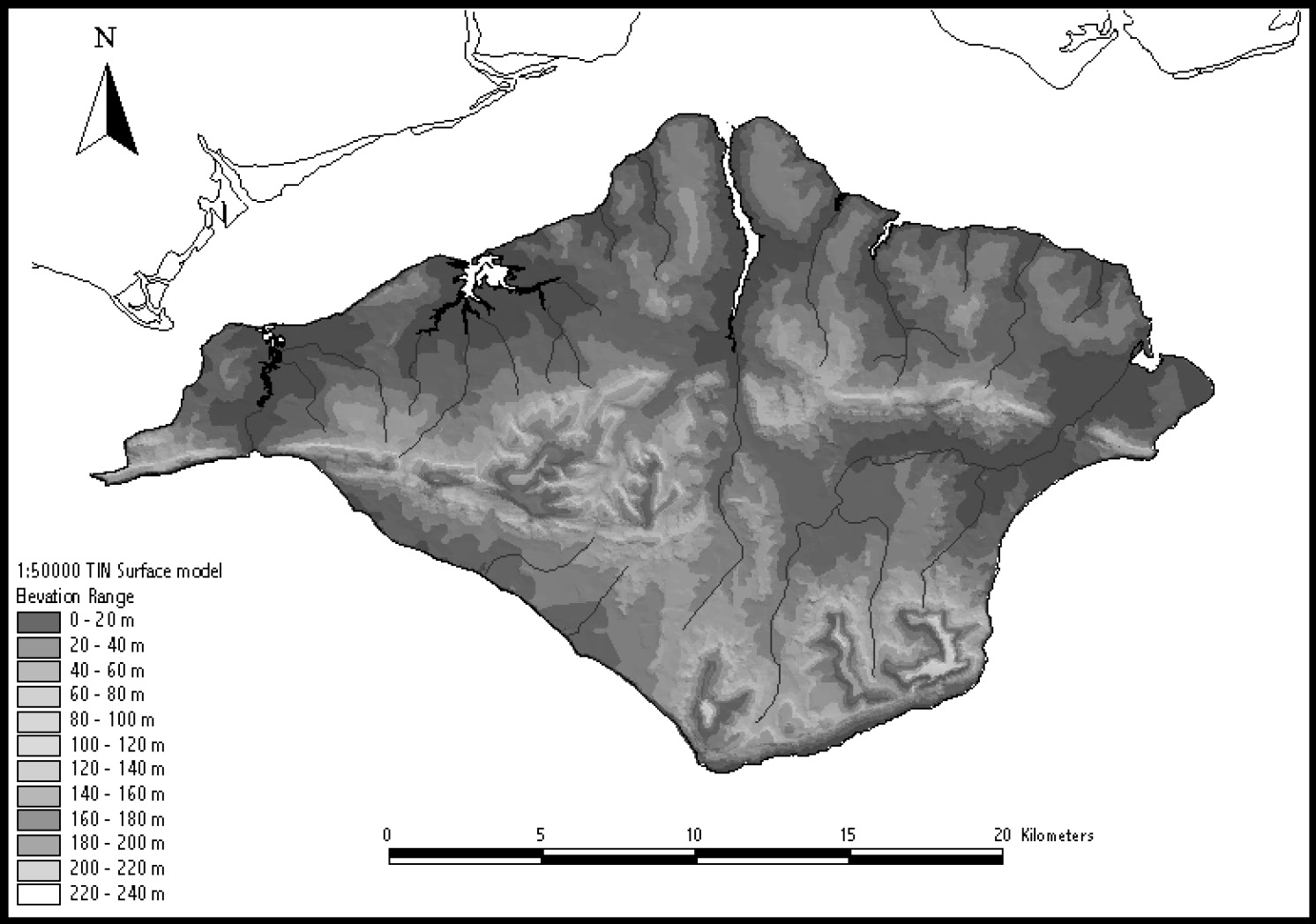 Fig. 3 – Elevation model of the Isle of Wight. The elevation range varies from sea level (dark grey) to 240 metres above sea level (light grey).