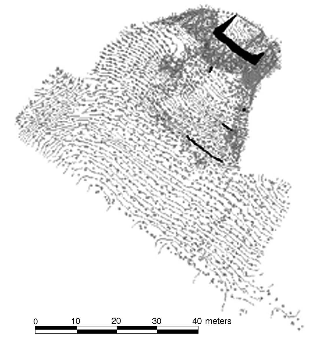 Fig. 2 – Colle Breccioso. Modello tridimensionale della collina. In nero sono riportate le strutture archeologiche affioranti.