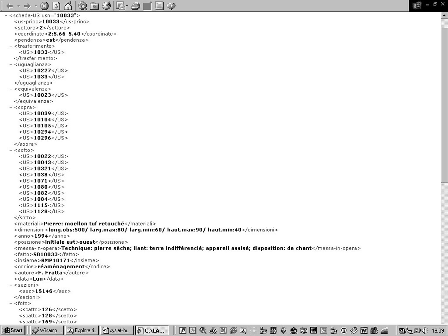 Fig. 2 – La scheda US di Fig. 1 convertita in XML e visualizzata con Internet Explorer.