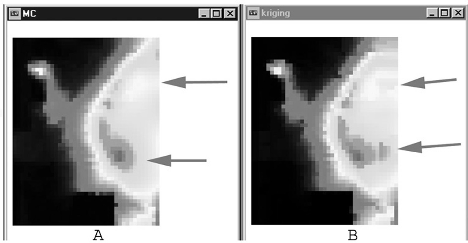 Fig. 5 – Due esempi di interpolazione per la ricostruzione del DEM di Cuma. Programma IDRISI: le frecce indicano le diversità tra i modelli ricostruiti. A) metodo minimum curvature; B) metodo kriging.