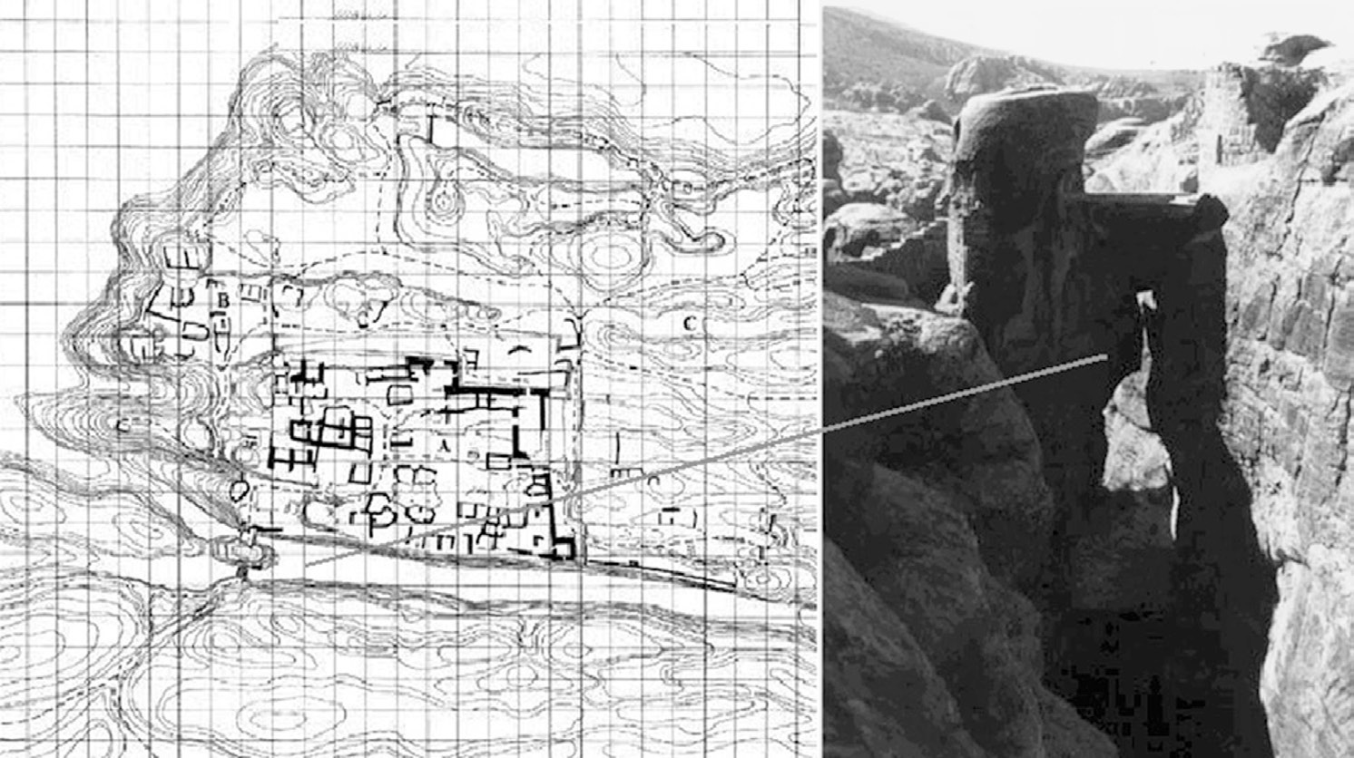 Fig. 7 – Il castello crociato di al-Wu’ayra a Petra in Giordania. A sinistra pianta dell’area; a destra un particolare dell’accesso al sito fortificato.