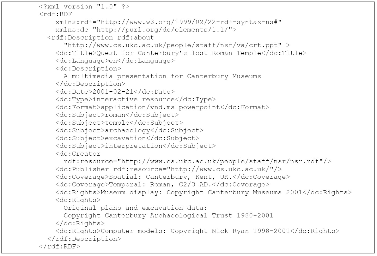 Fig. 2 – Example Dublin Core metadata in RDF format for the “Quest for Canterbury’s Lost Roman Temple” presentation.