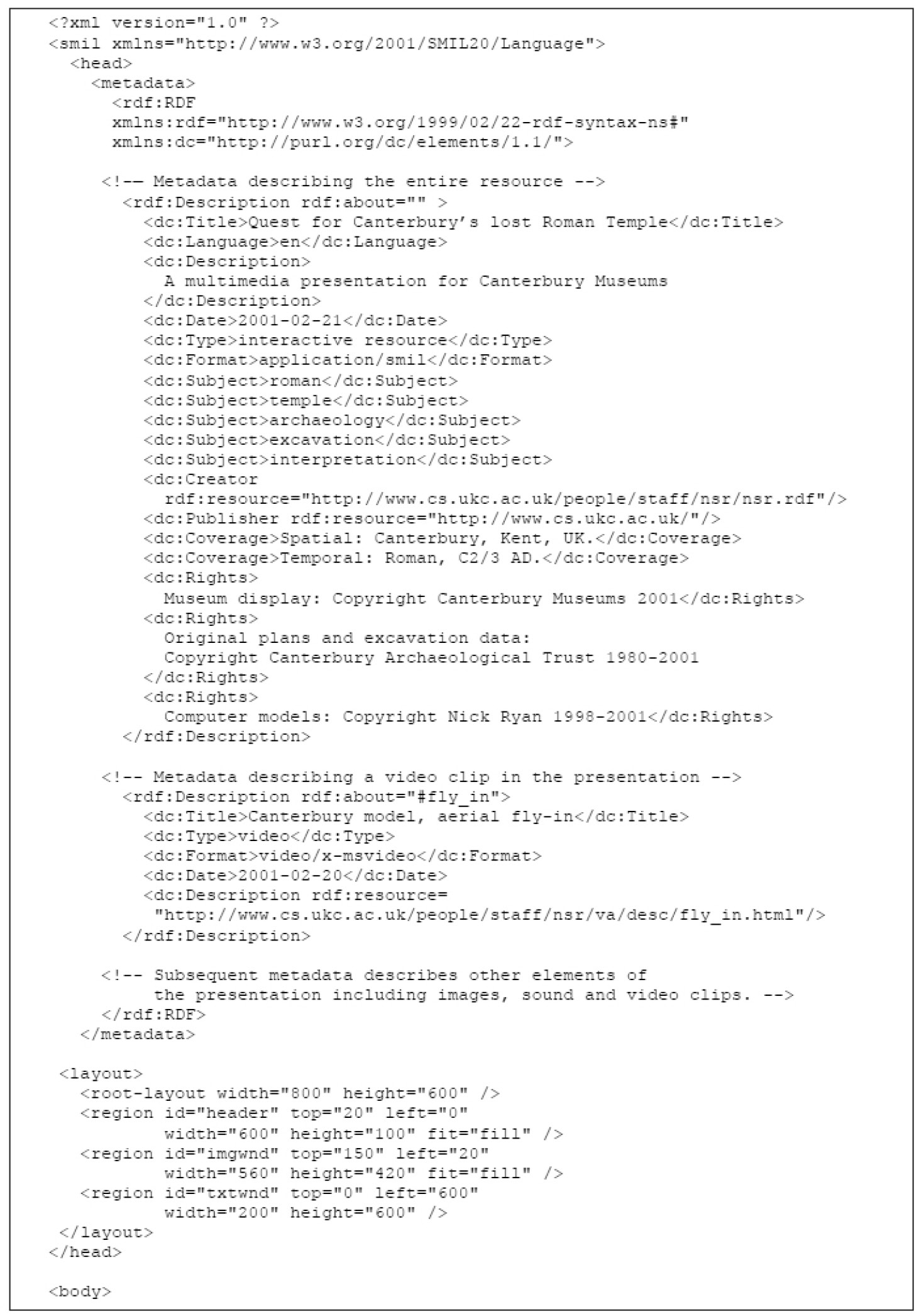 Fig. 3 – Simplified extract from an experimental SMIL implementation of the “Quest for Canterbury’s Lost Roman Temple” presentation, including embedded metadata.