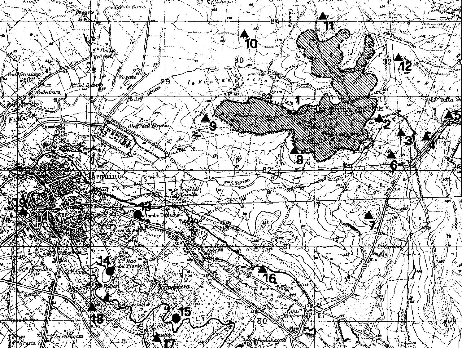 Fig. 1 – The distribution of theproto-historical settlements andburials around theCivita and the Monterozzi areas (Mandolesi1994).