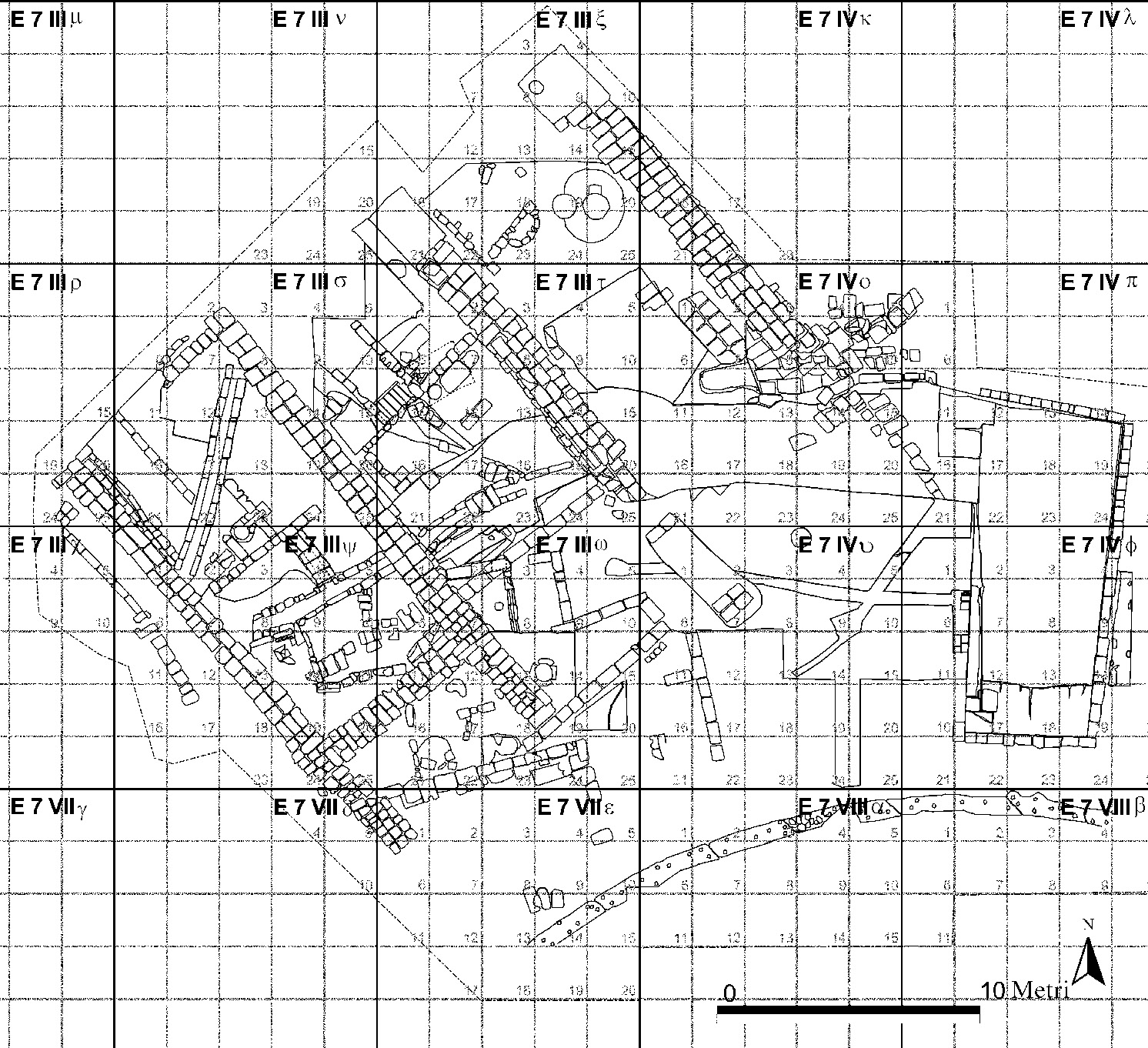 Fig. 3 – Detail of the excavation plan (the walls of the temple are evident), set inside the excavation grid.