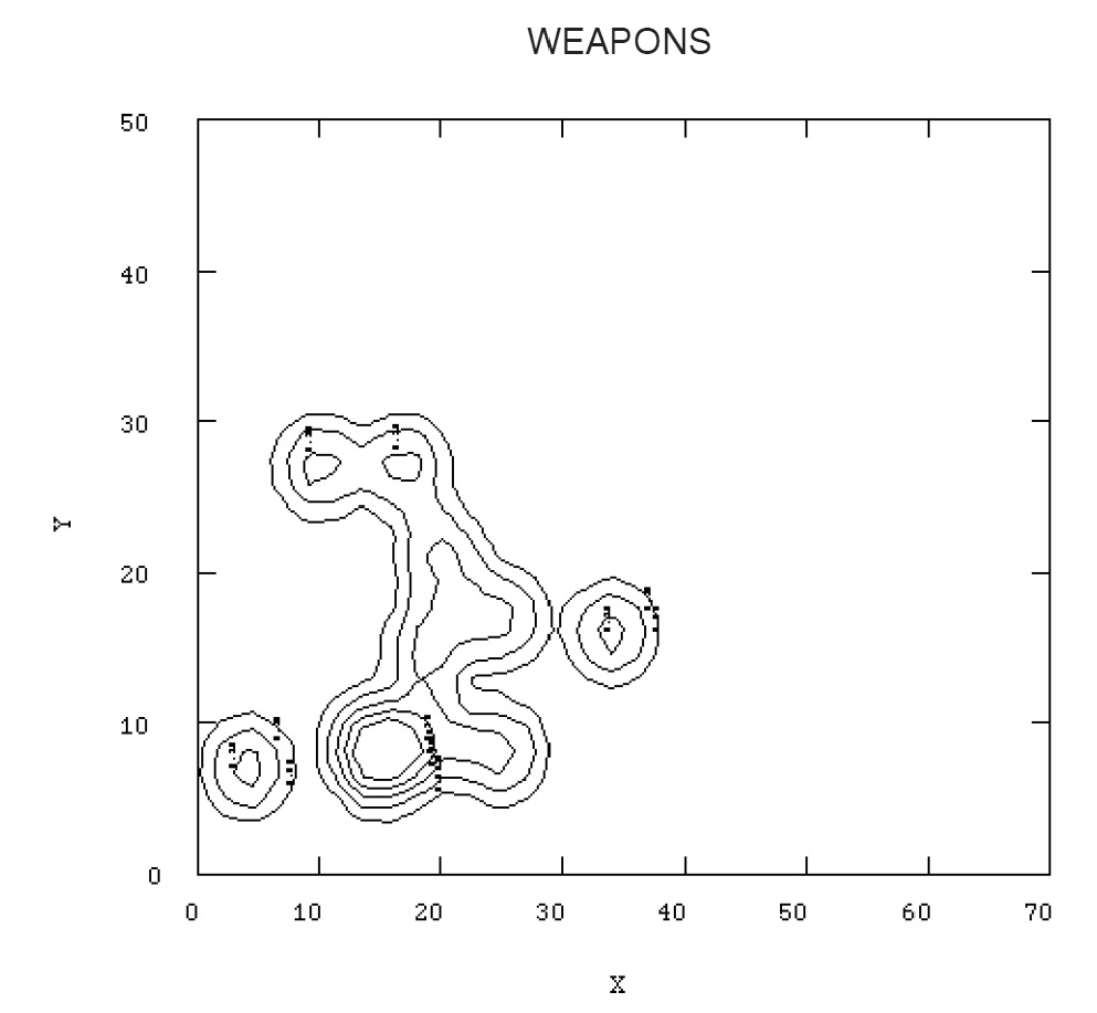 Fig. 6 – The Iron Age cemetery of Carmona. Kernel Density Map for burials with weapons asgrave goods. Itshows their spatial concentration.