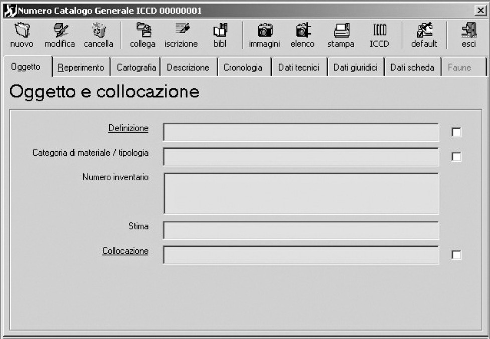 Fig. 1 – Inserimento dati. Maschera di immissione dati, distinta nelle diverse rubriche; in particolare, schermata iniziale relativa alle voci pertinenti “Oggetto e collocazione”.