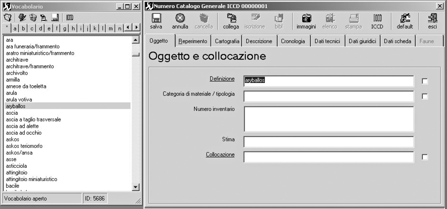 Fig. 2 – Inserimento dati. Compilazione di un campo (in particolare “Definizione dell’oggetto”) mediante selezione del valore da lista terminologica.