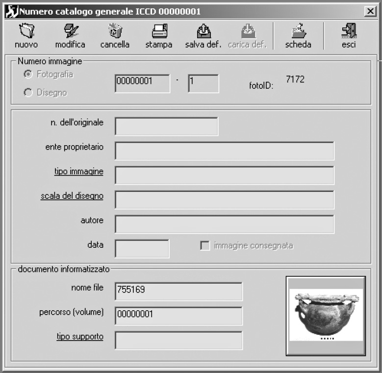 Fig. 4 – Inserimento dati. Maschera di immissione per la schedatura delle immagini.