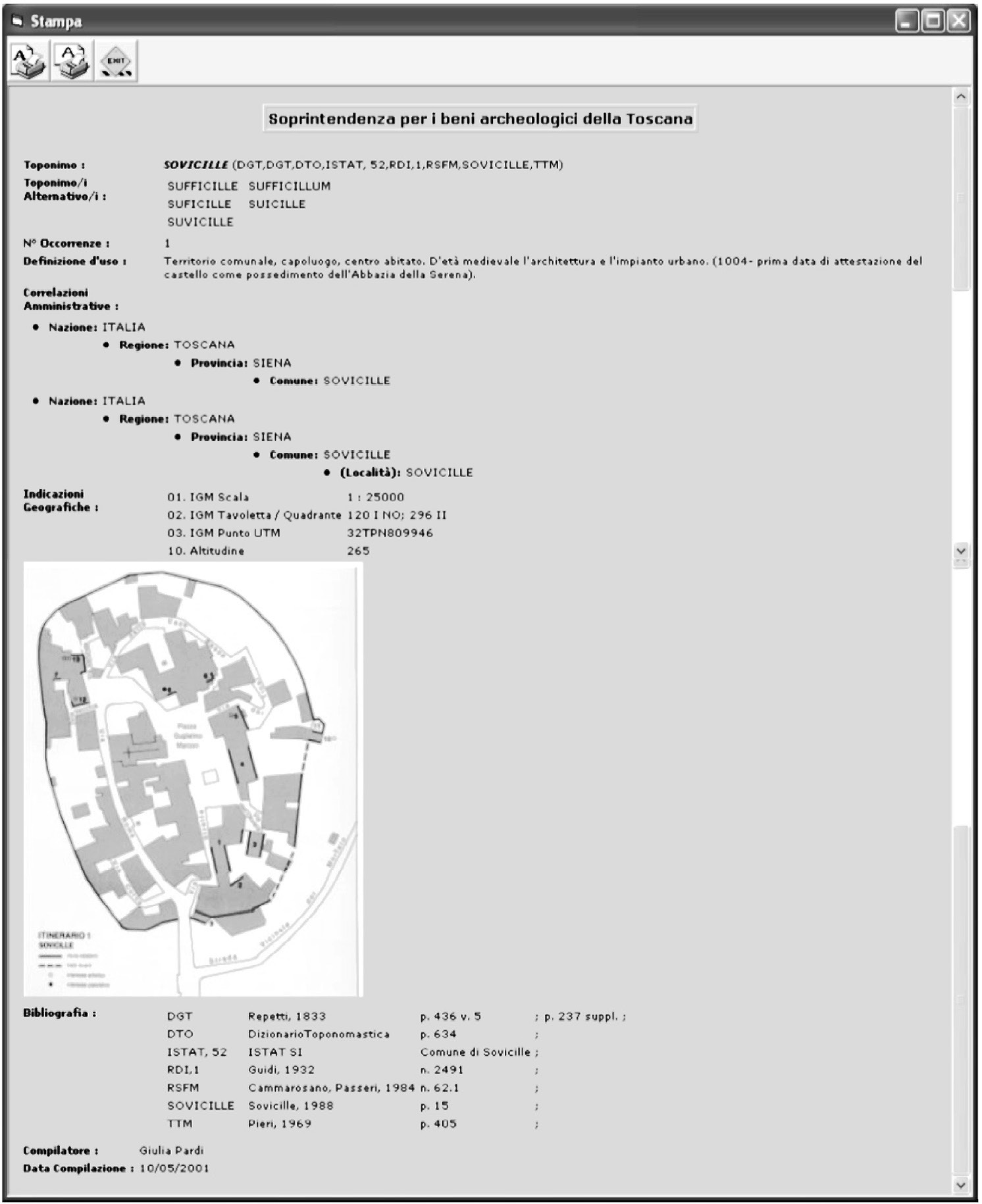 Fig. 3 – Scheda di toponimo corrispondente a luogo con ruolo amministrativo, Sovicille.