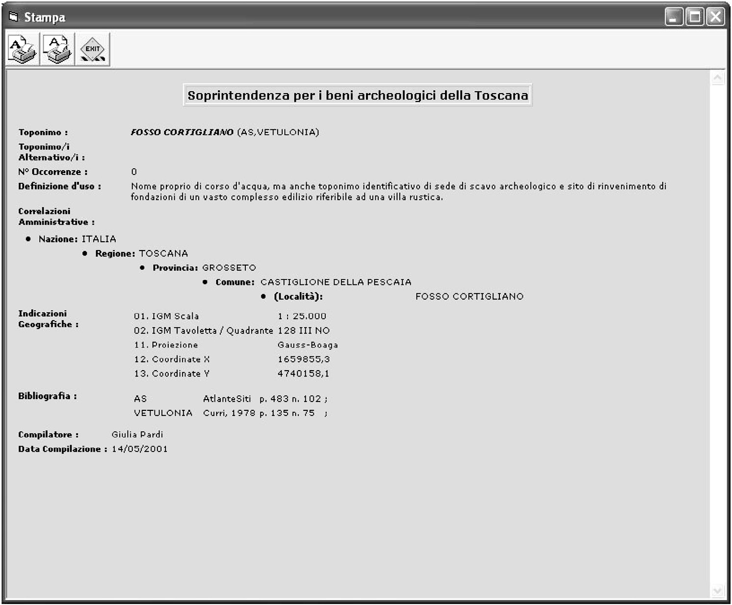 Fig. 6 – Scheda di toponimo corrispondente ad un luogo a carattere lineare, Fosso Cortigliano.