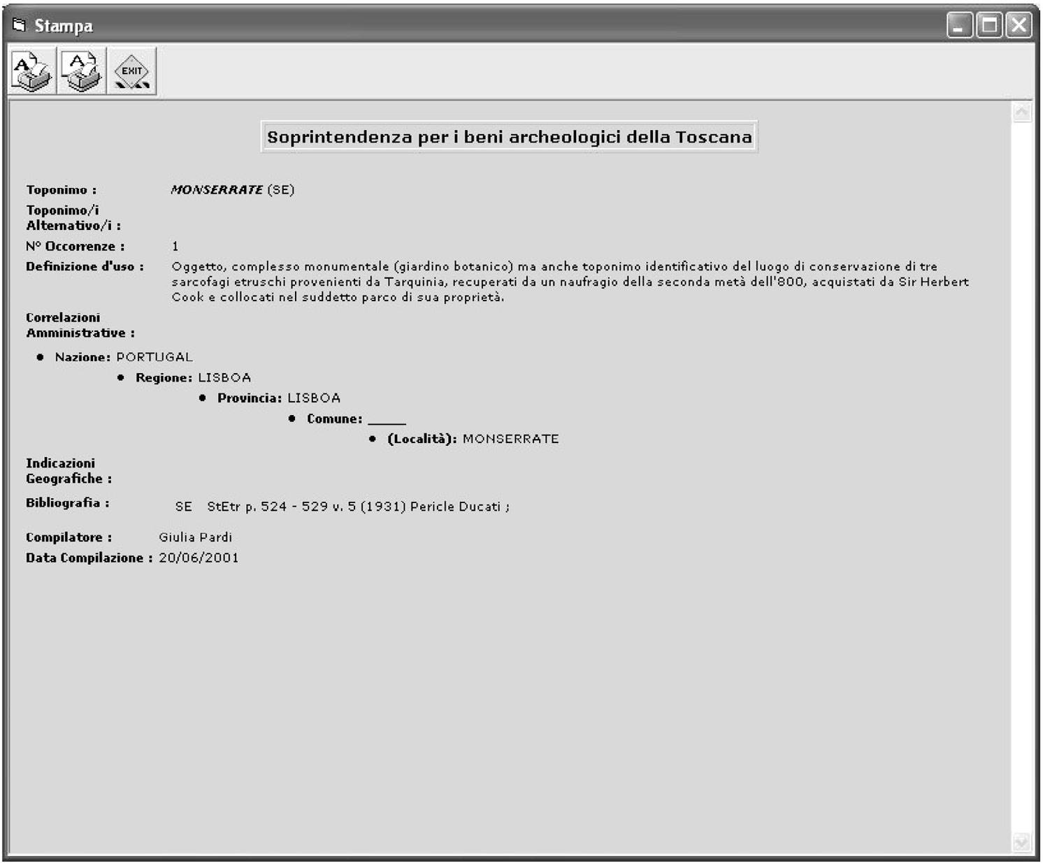 Fig. 7 – Scheda di toponimo corrispondente ad un nome proprio appartenente ad altra categoria, Monserrate.