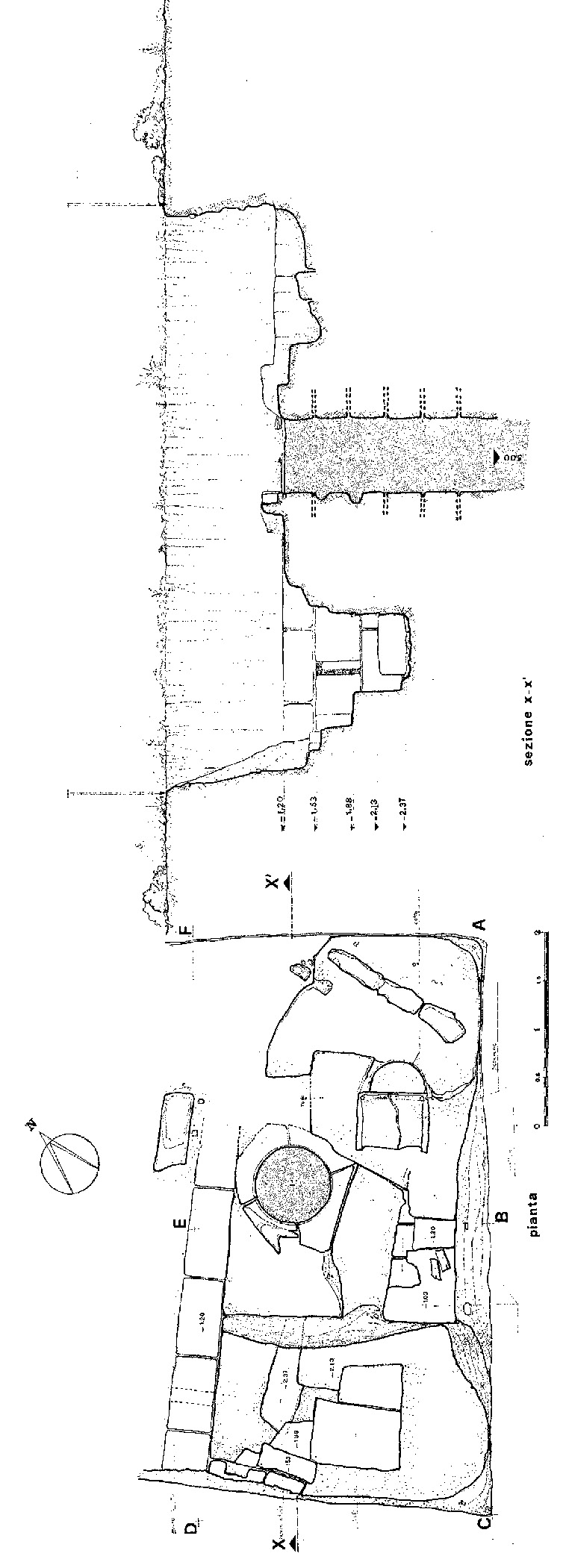 Fig. 4 – Scavo 1980: pianta e sezione della zona 2.