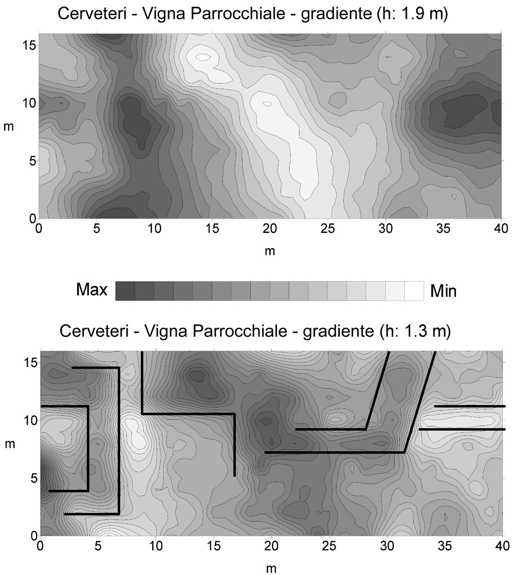 Fig. 12 – Contour map dei gradienti di F ottenuti alle due diverse quote. Con le linee nere sono indicate le zone di transizione delle anomalie più significative.