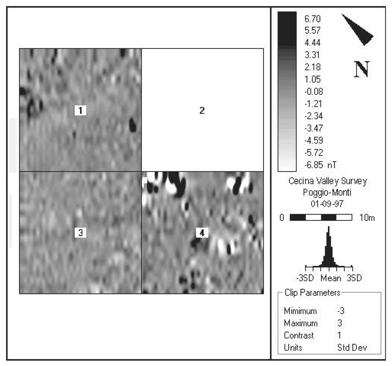 Fig. 2 – Results of fluxgate-gradiometer survey conducted at Poggio-Monti.