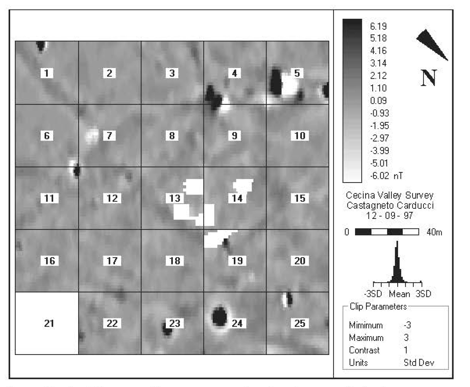 Fig. 3 – Results of fluxgate-gradiometer survey conducted at Castagneto Carducci.