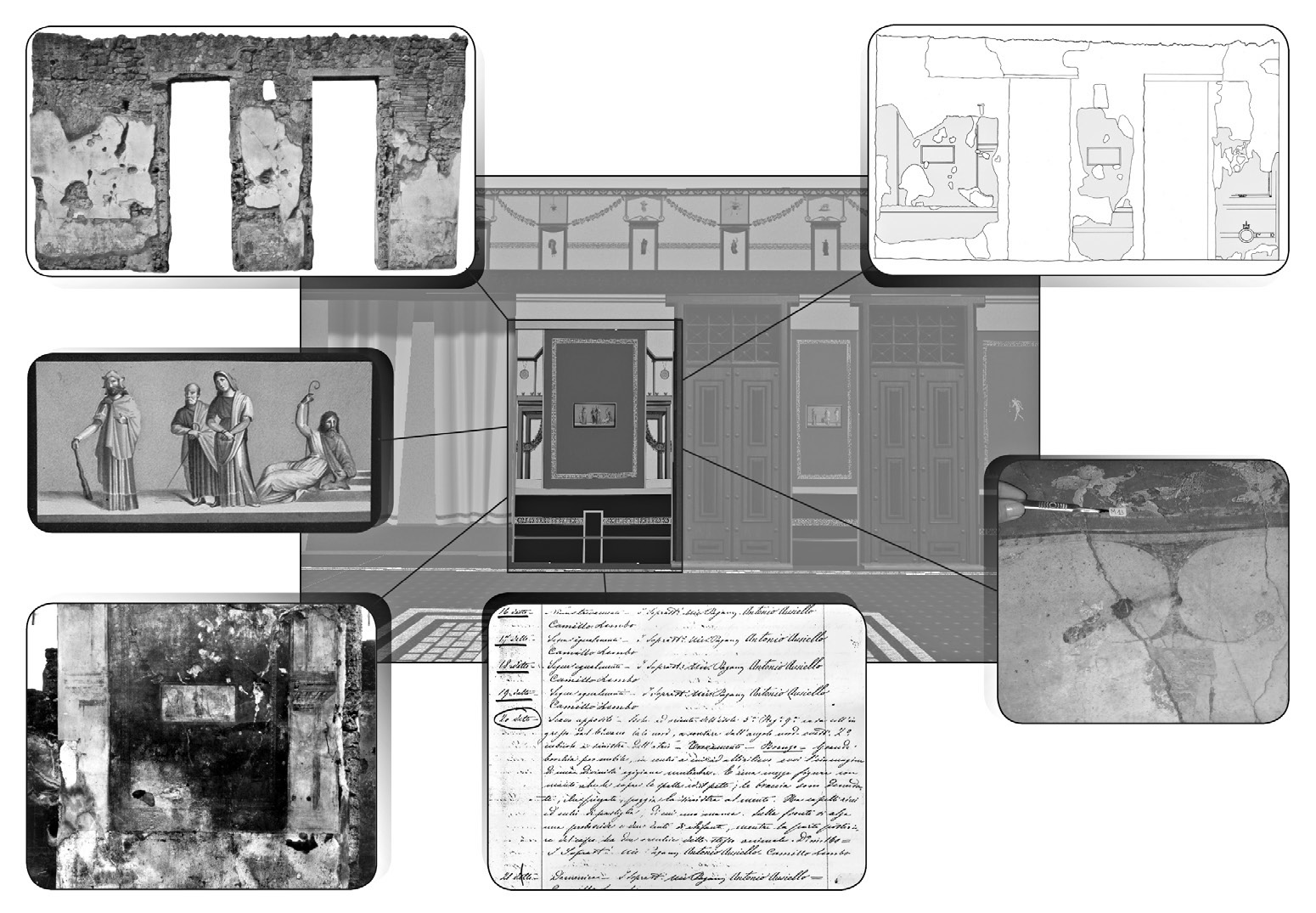 Fig. 7 – Schema degli elementi documentari per la ricostruzione di un tratto della parete ovest dell’atrio (elaborazione grafica: E. Vecchietti).