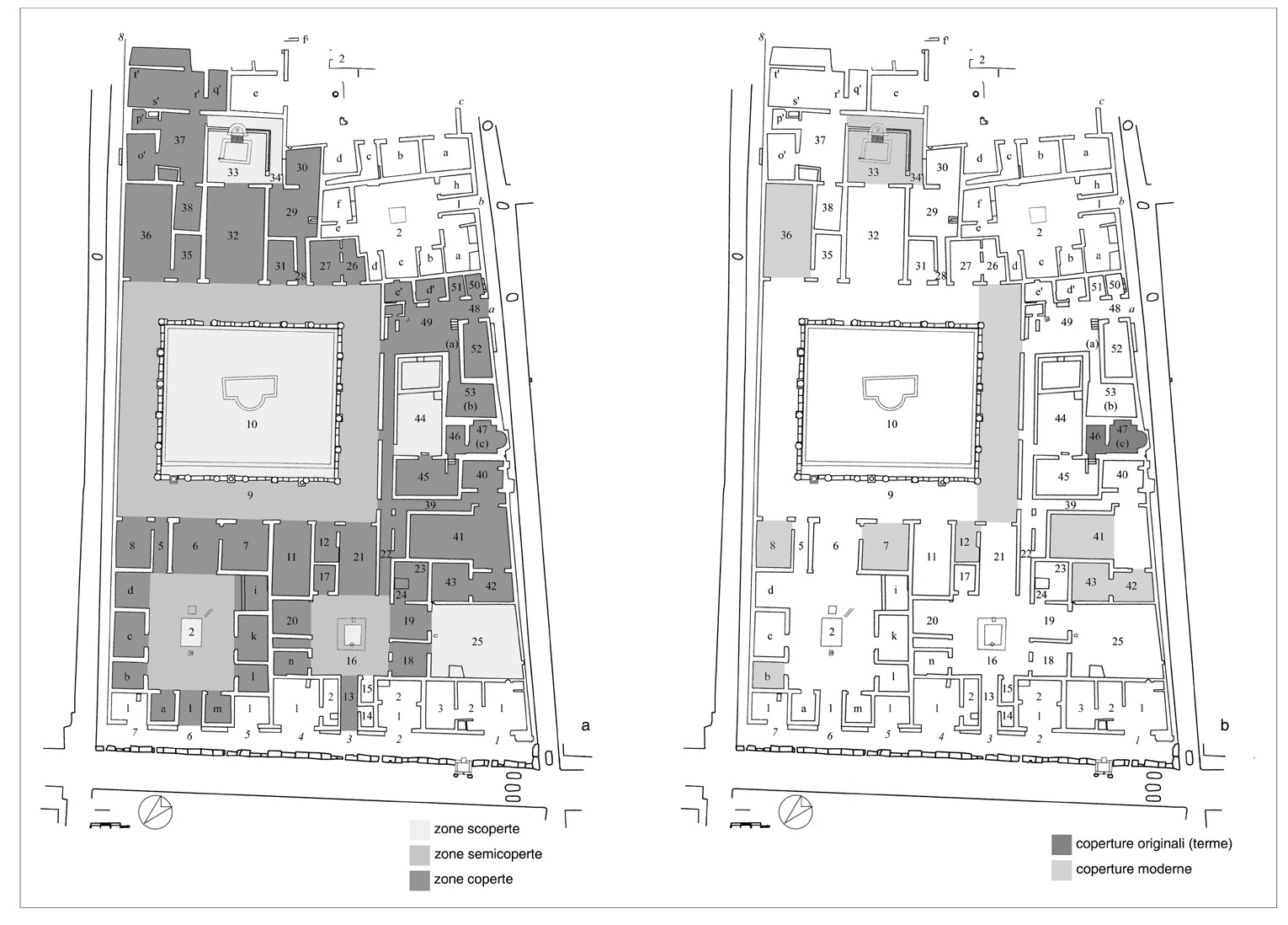 Fig. 8 – Pompei, Casa del Centenario (IX 8, 3.6.a). Planimetria con indicazione degli spazi coperti e scoperti (a) e delle coperture antiche ed attuali (b) (elaborazione grafica: E. Vecchietti).