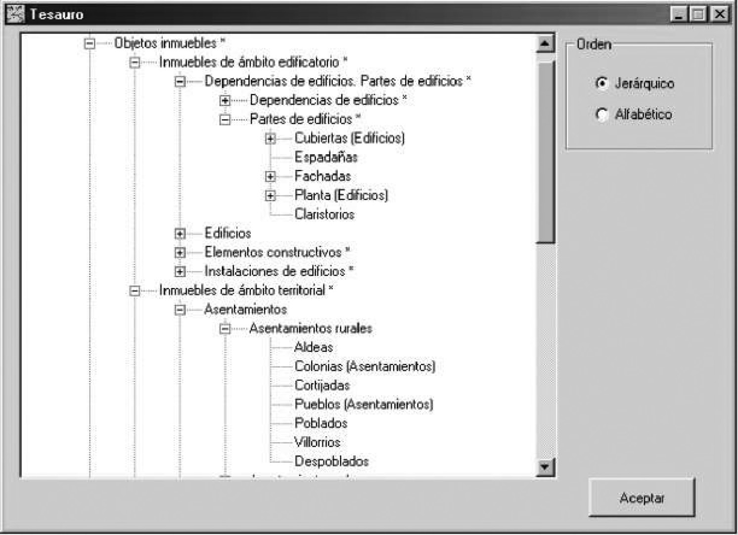 Fig. 2 – Pop up window with hierarchical structure of the TAPH.