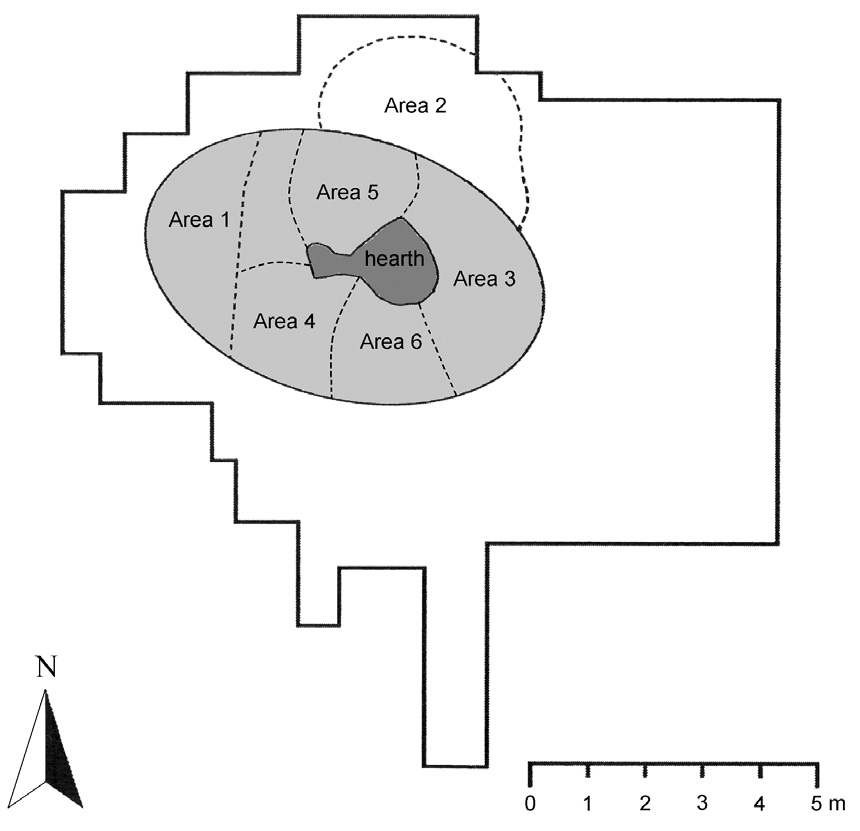 Fig. 3 – Site plan, showing possible zoning of the densezone and hut floor area (after Reynolds).