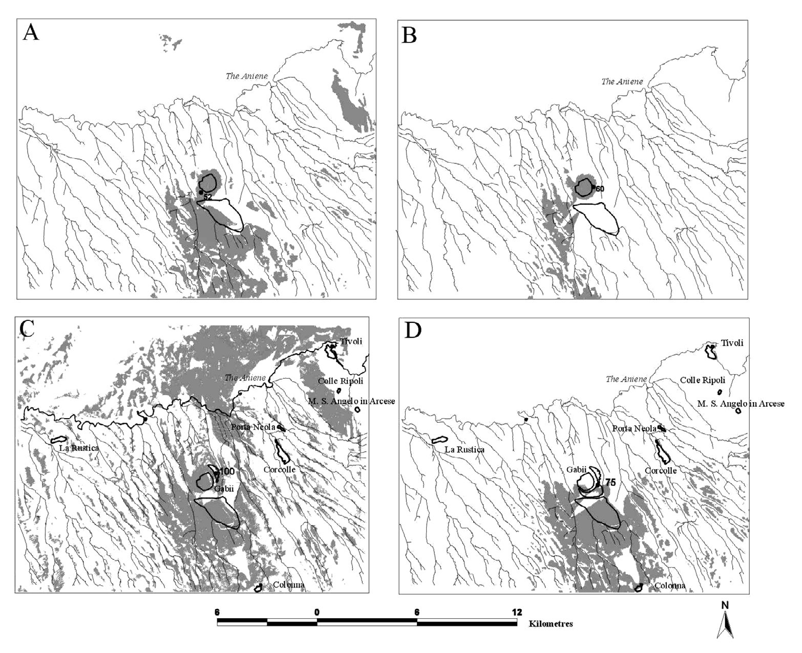 Fig. 6 – Visible areas. A. Neolithic Casale del Pescatore. B. Middle Bronze Age Castiglione. C. Final Bronze Age Torre Castiglione. D. From lower Archaic town.