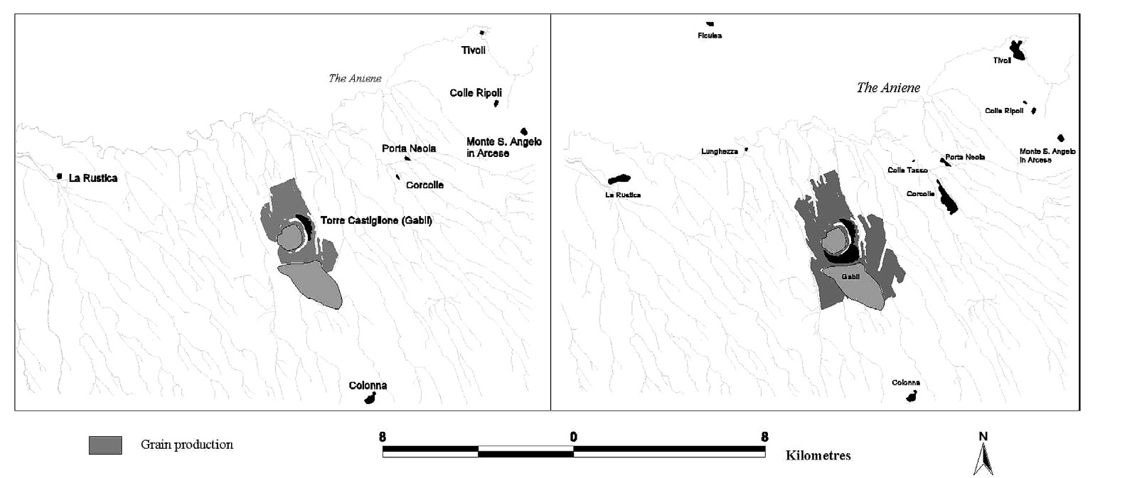 Fig. 7 – Grain production (with fallow) needed to support the population. A. During the Final Bronze Age. B. During the Early Iron Age (with fallow).