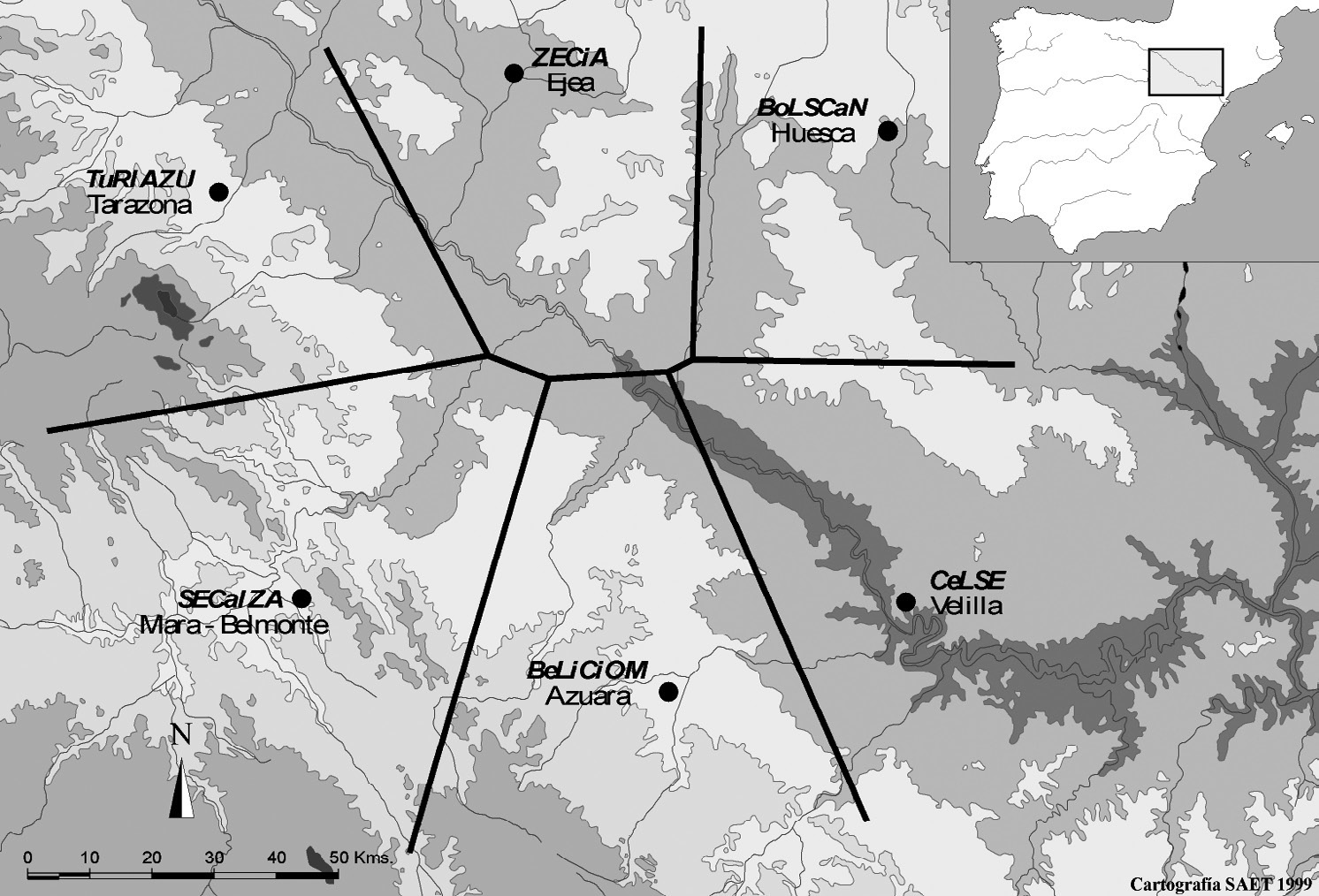 Fig. 4 – Cities that minted denarii in the middle Valley of Ebro and hierarchy of the territory towards the second century BCE.