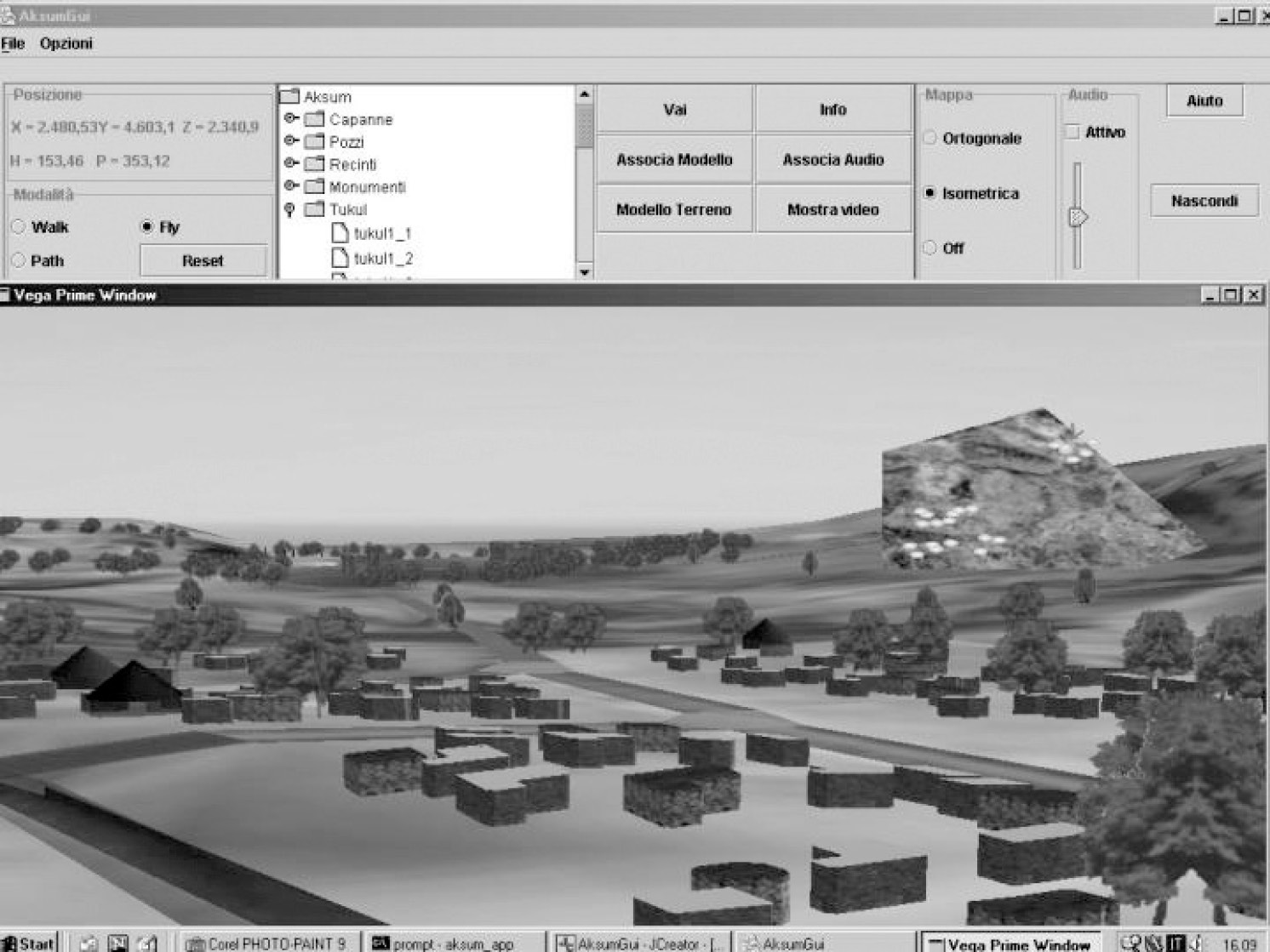 Fig. 2 – Interfaccia del sistema RV realizzato per la ricostruzione del paesaggio archeologico di Aksum (Etiopia, Progetto Agenzia 2000 CNR, direzione M. Forte, programmazione Marco Zane, modelli S. Kay, C. Perlingieri).