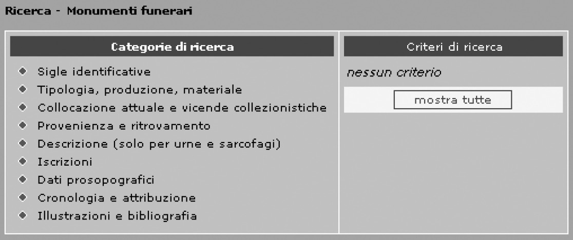 Fig. 2 – Elenco delle categorie di ricerca per i monumenti funerari.