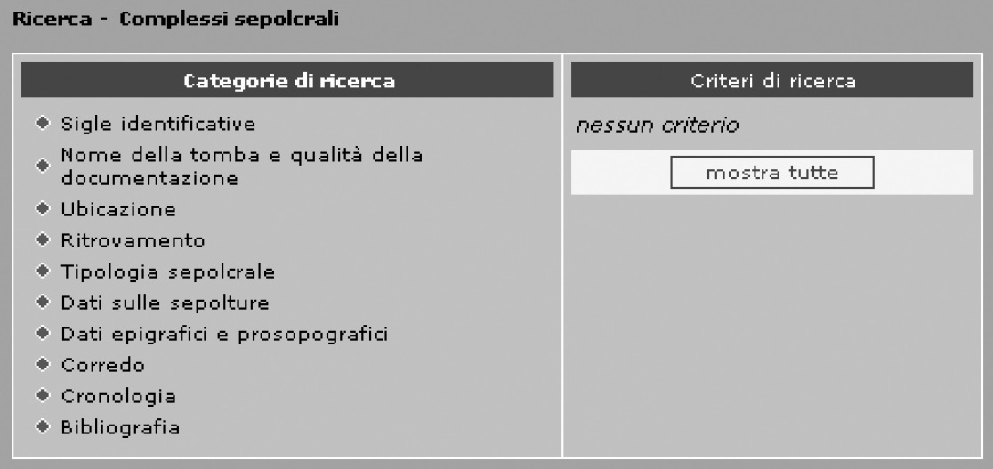 Fig. 3 – Elenco delle categorie di ricerca per i complessi sepolcrali.