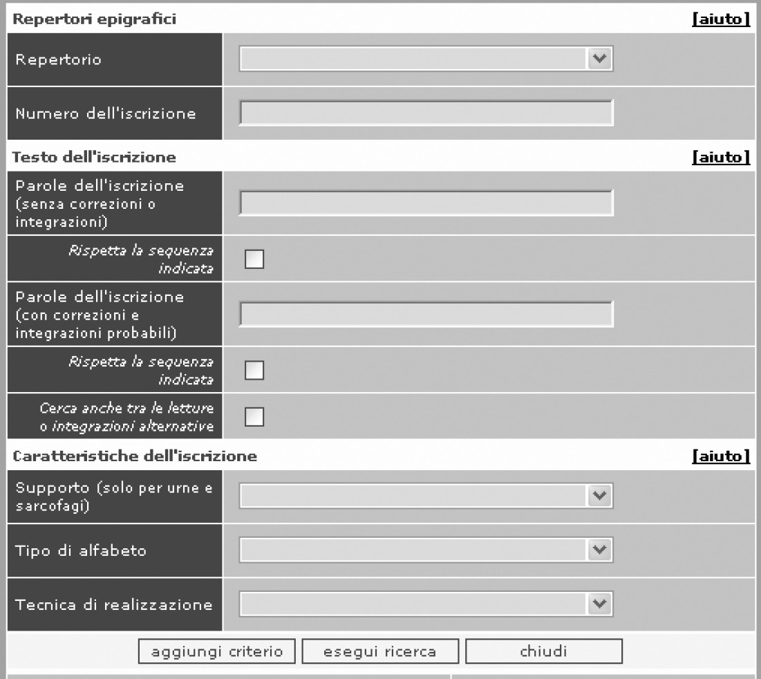 Fig. 8 – Campi di ricerca per le iscrizioni.