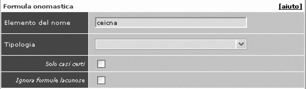 Fig. 10 – Esempio di ricerca sulla formula onomastica (elementi del nome).
