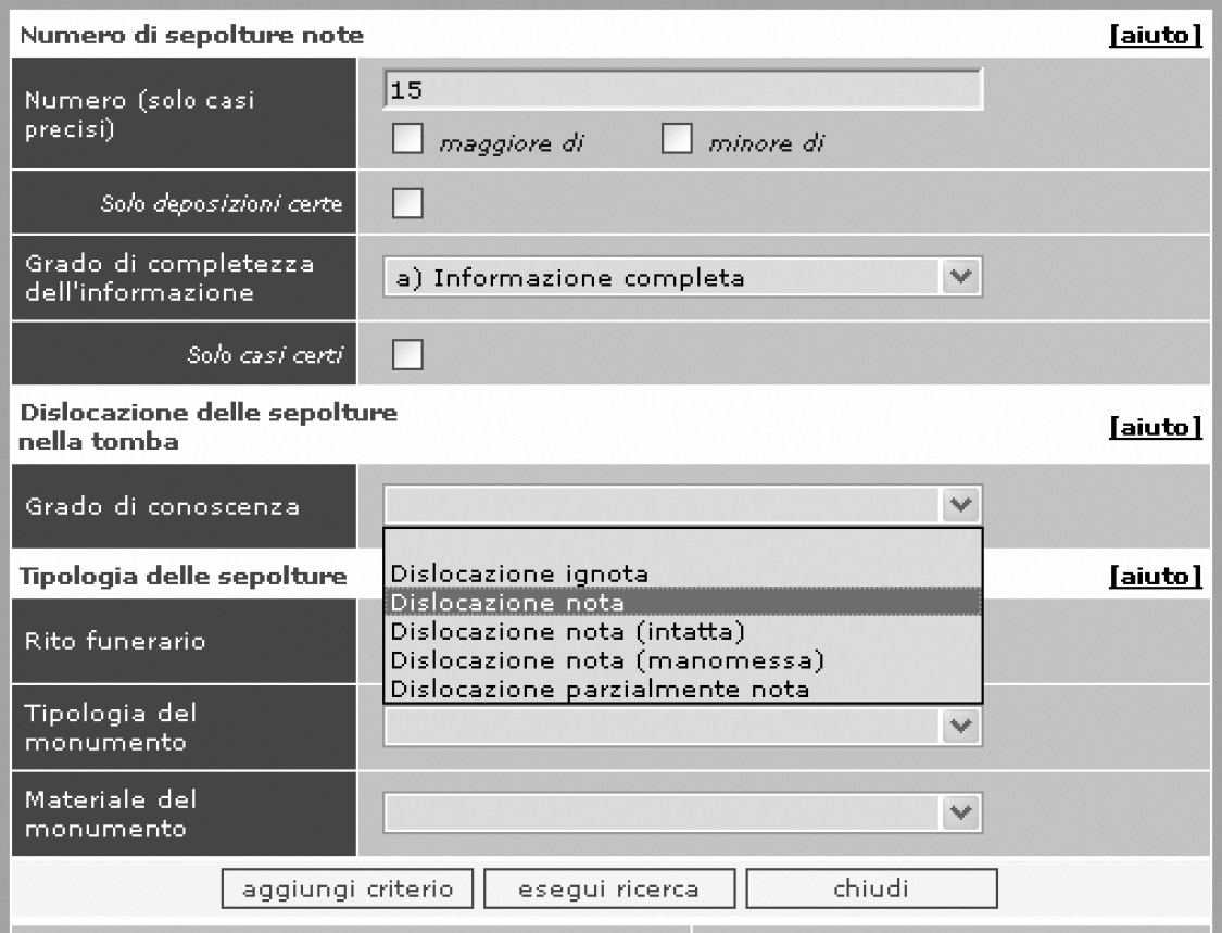 Fig. 20 – Esempio di ricerca sul numero di sepolture in un complesso sepolcrale.