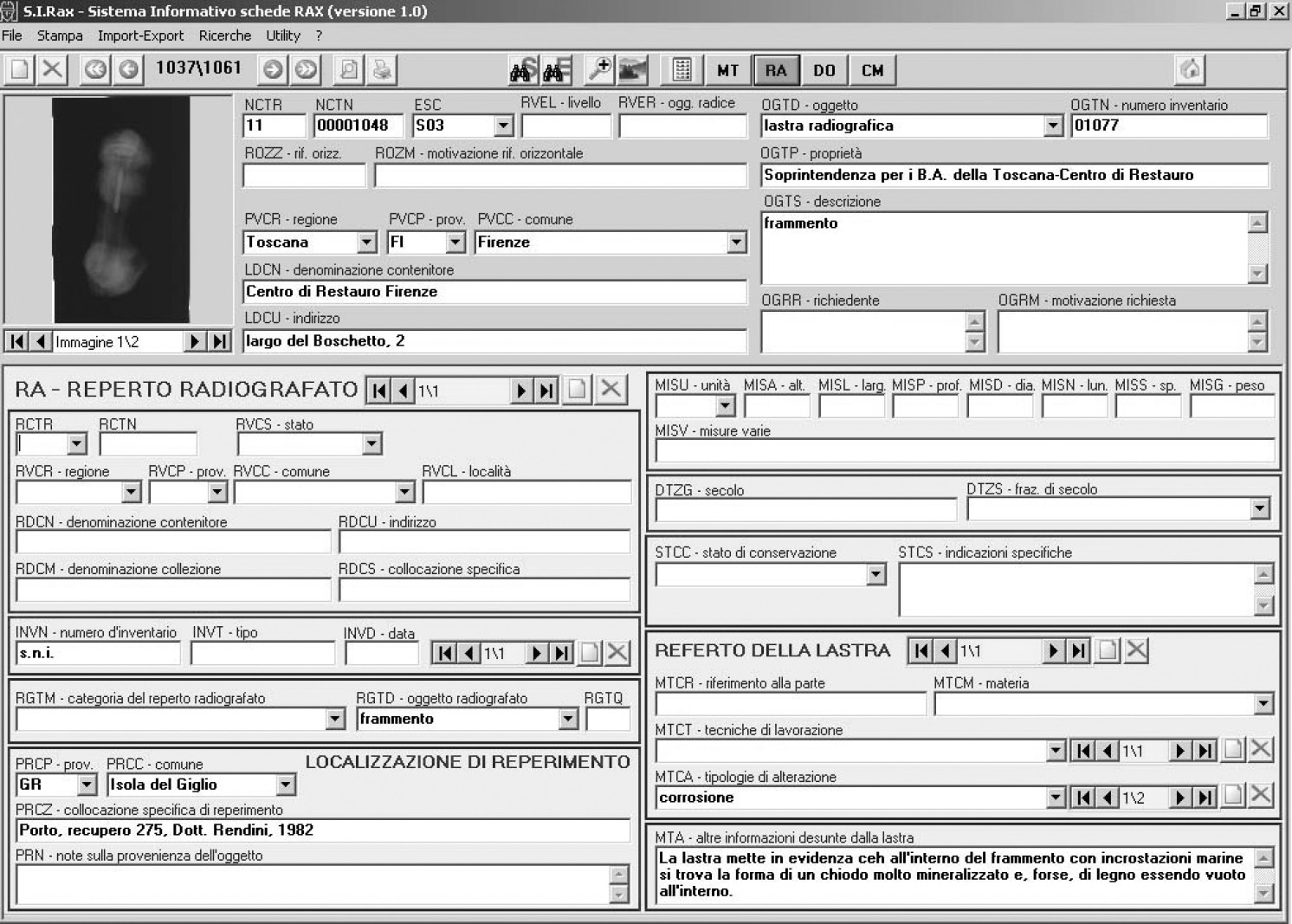 Fig. 3 – Modalità gestione: maschera di inserimeto dati (paragrafo RA).