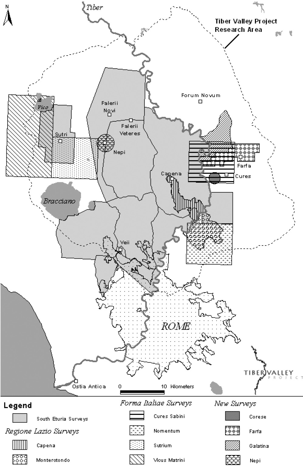 Fig. 2 – Tiber Valley Project research area, showing the surveys and other places mentioned in the text.