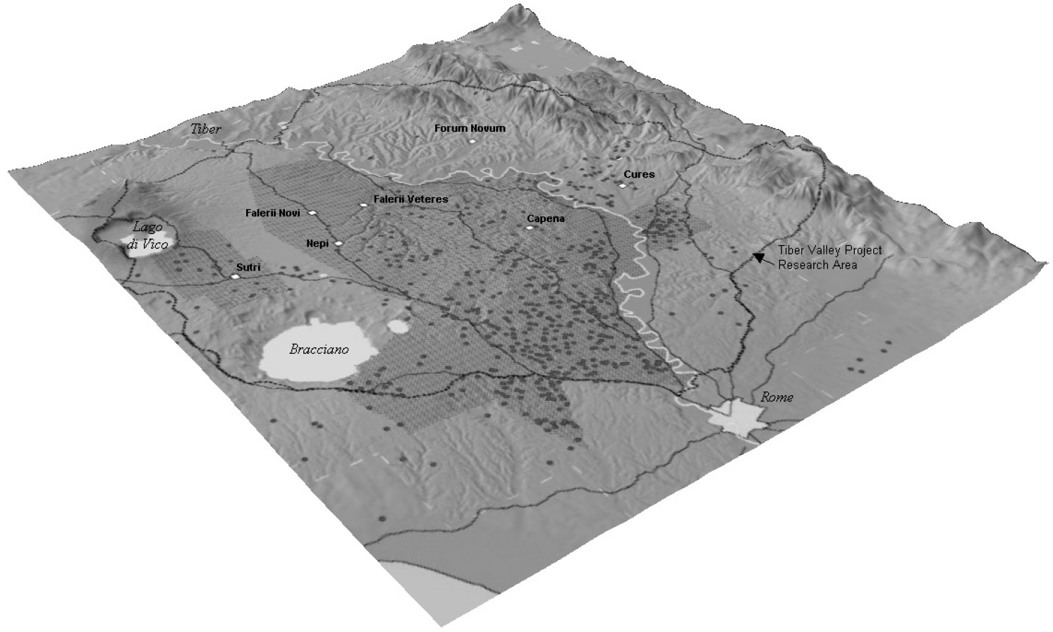 Fig. 5 – DEM illustrating the locations of Early Imperial villas within the Tiber Valley database. The darker shaded area illustrates the extent of the South Etruria Survey.