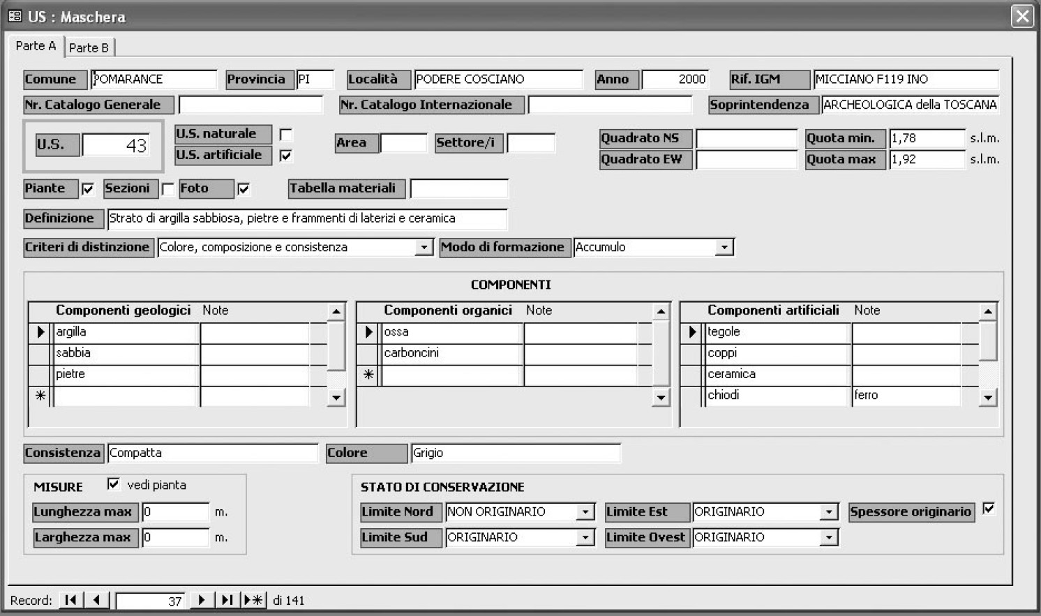 Fig. 1 – Ambiente MsAccess: scheda US, parte A.