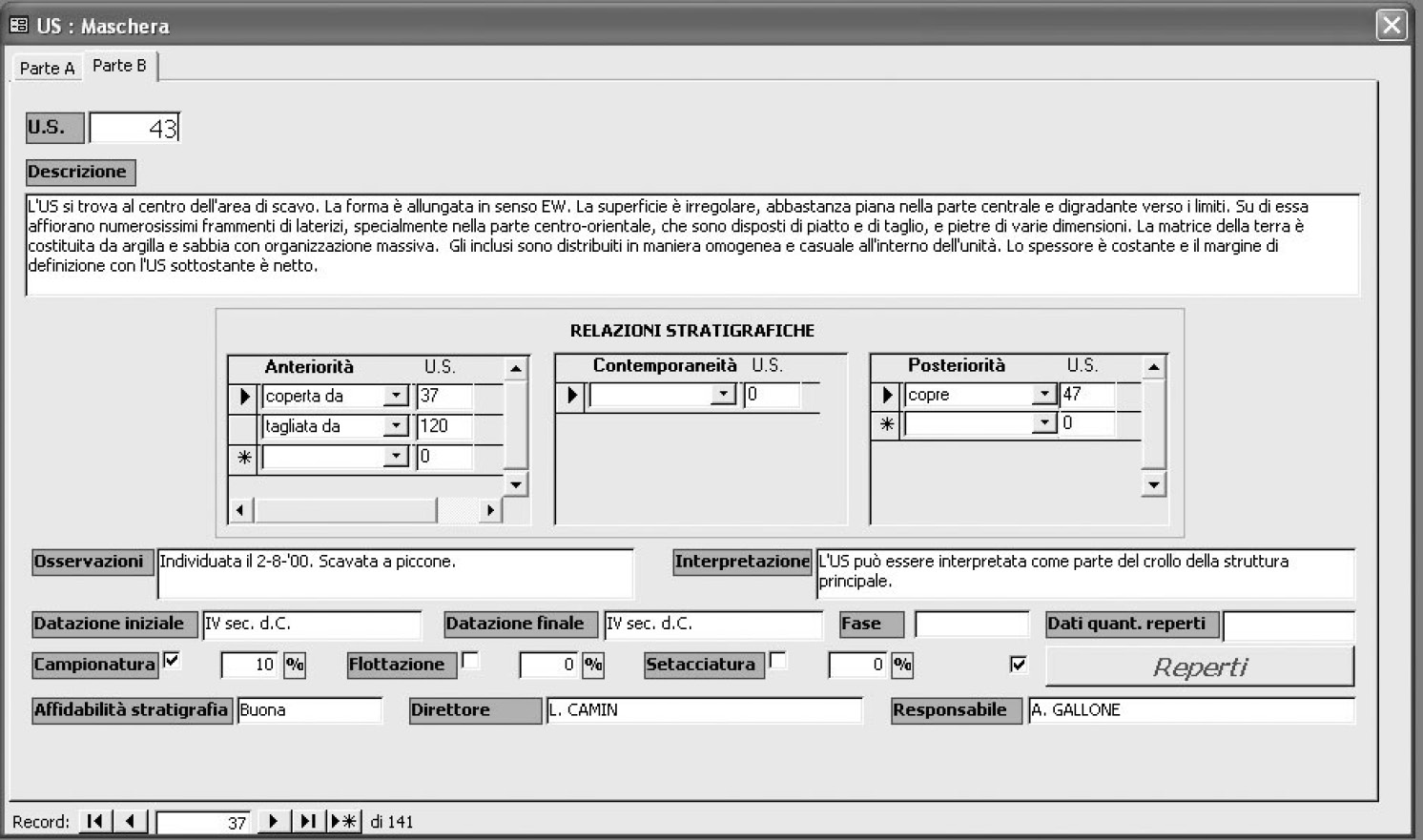 Fig. 2 – Ambiente MsAccess: scheda US, parte B.