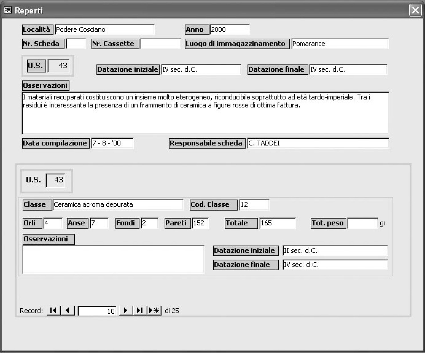 Fig. 3 – Ambiente MsAccess: scheda Reperti.