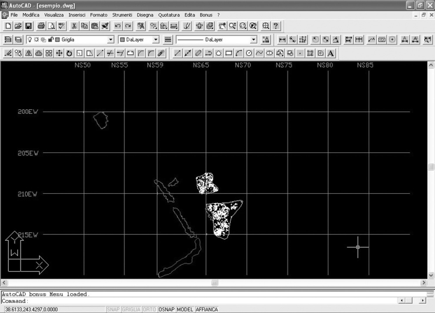 Fig. 4 – Ambiente AutoCAD: posizionamento di US all’interno della griglia di riferimento.