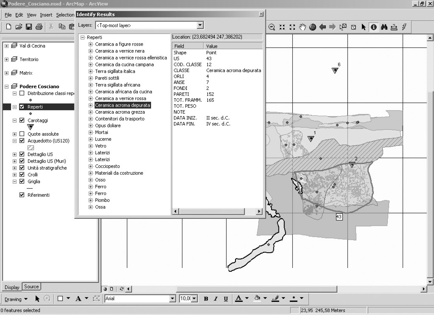 Fig. 7 – Ambiente ArcView: utilizzo della funzione Identify sui reperti dell’US 43.