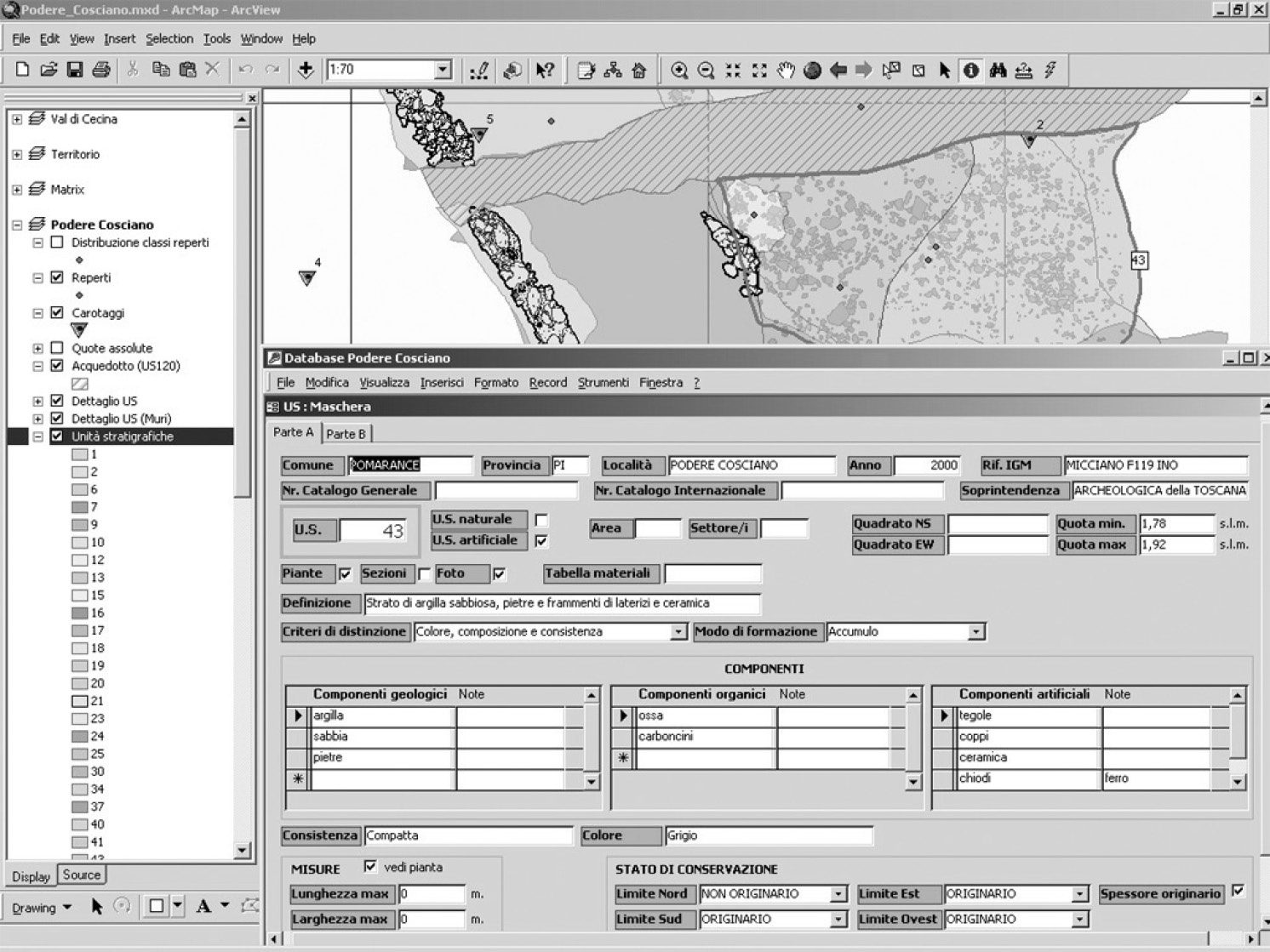 Fig. 8 – Ambiente ArcView: scheda dati relativa all’US 43, evidenziata sulla mappa.